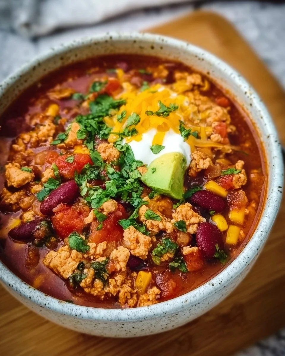 Healthy protein packed Instant Pot turkey chili served in a bowl with toppings.