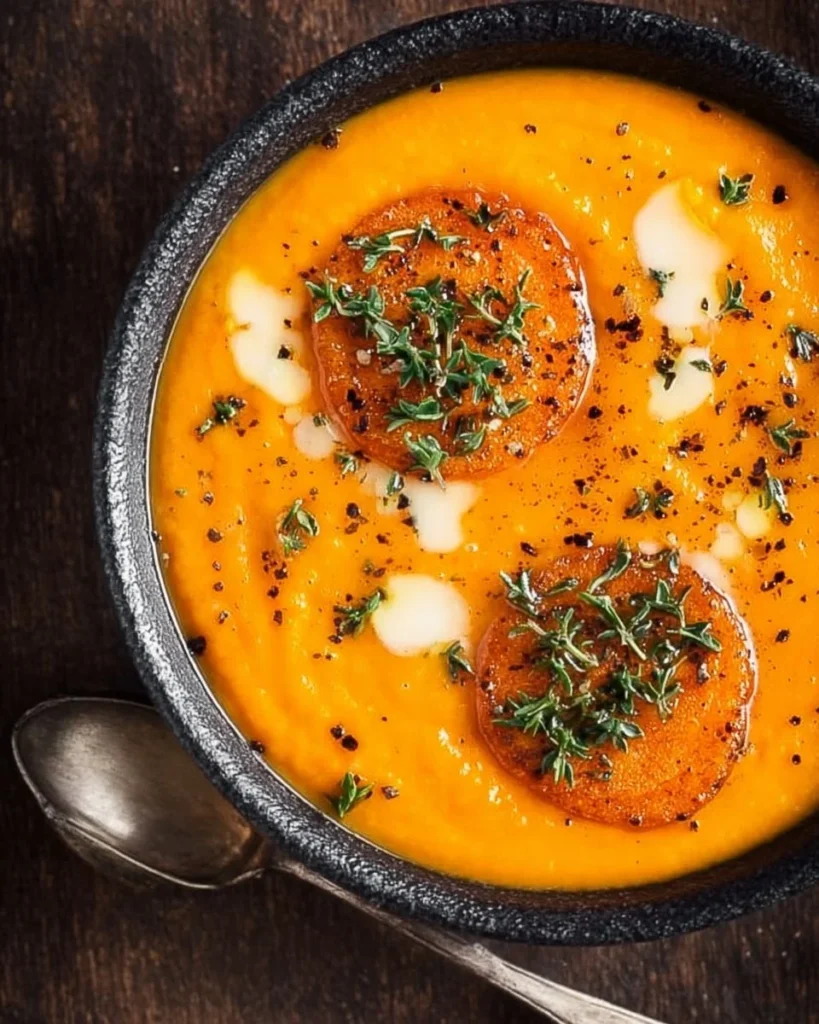 Bowl of healthy roasted carrot soup with fresh herbs and seasonings