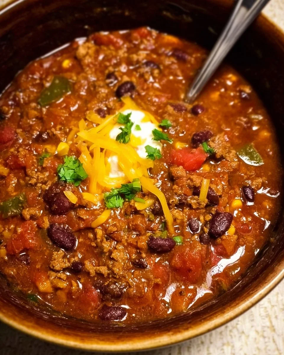 Bowl of healthy slow cooker chili topped with fresh herbs and served with cornbread
