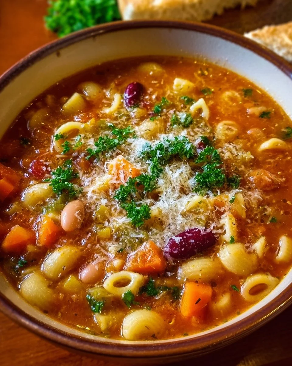 Bowl of hearty Italian Pasta Fagioli Soup with beans and pasta