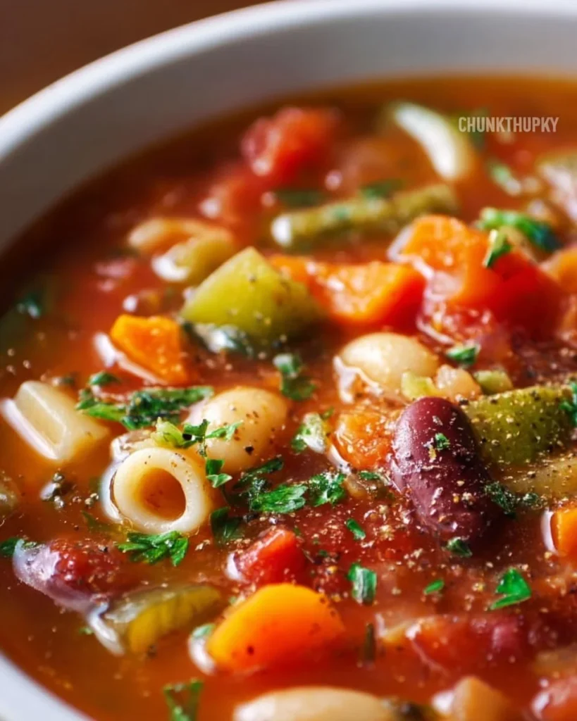 Bowl of hearty slow cooker minestrone with vegetables and beans