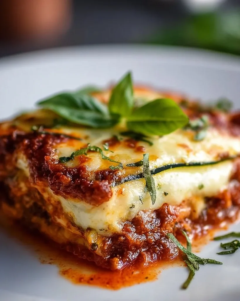Hearty zucchini lasagna with layers of veggies, cheese, and rich sauce
