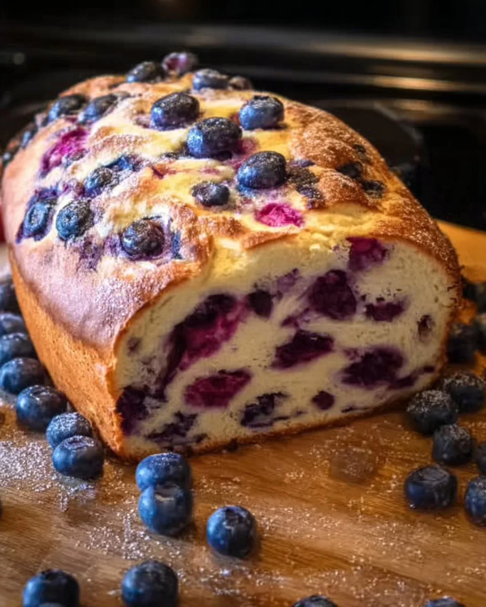 Freshly baked blueberry cream cheese loaf on a wooden table