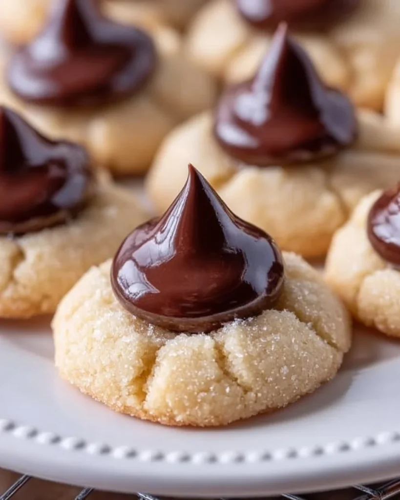 Hershey Kiss thumbprint cookies with chocolate and sprinkles on a baking tray