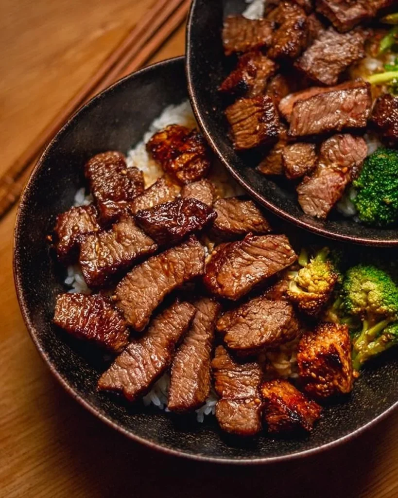 Hibachi steak bowl with grilled steak and fresh vegetables