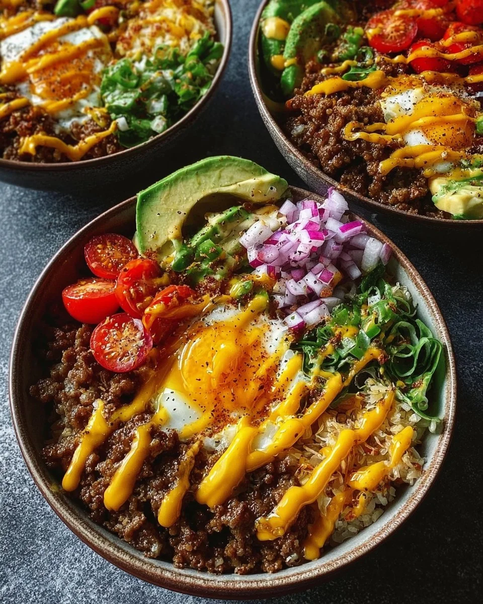 High-protein cheeseburger bowls with fresh ingredients and toppings.
