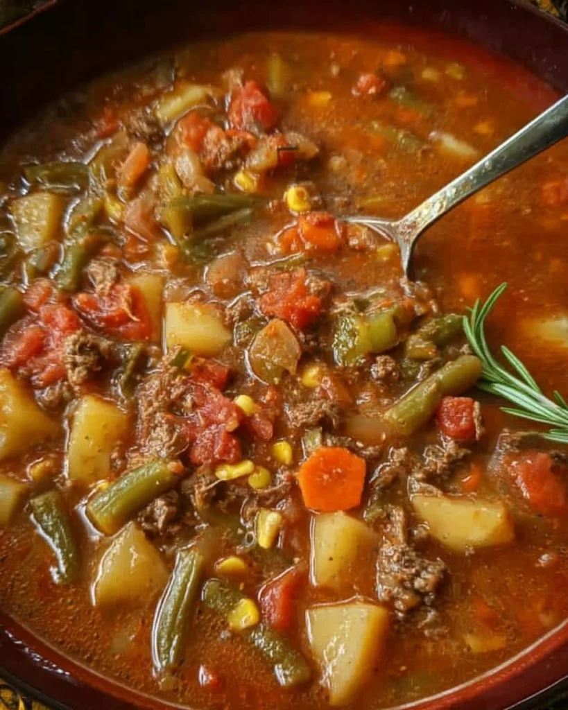 A delicious bowl of Hobo Stew (Mulligan Stew) served with fresh vegetables and meat.