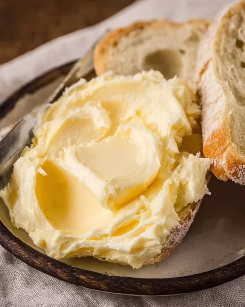 A jar of creamy homemade butter on a wooden table with fresh bread.