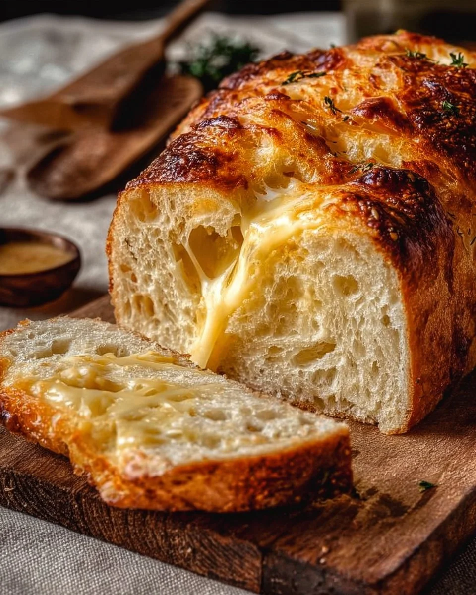 Freshly baked homemade cheese bread on a wooden cutting board