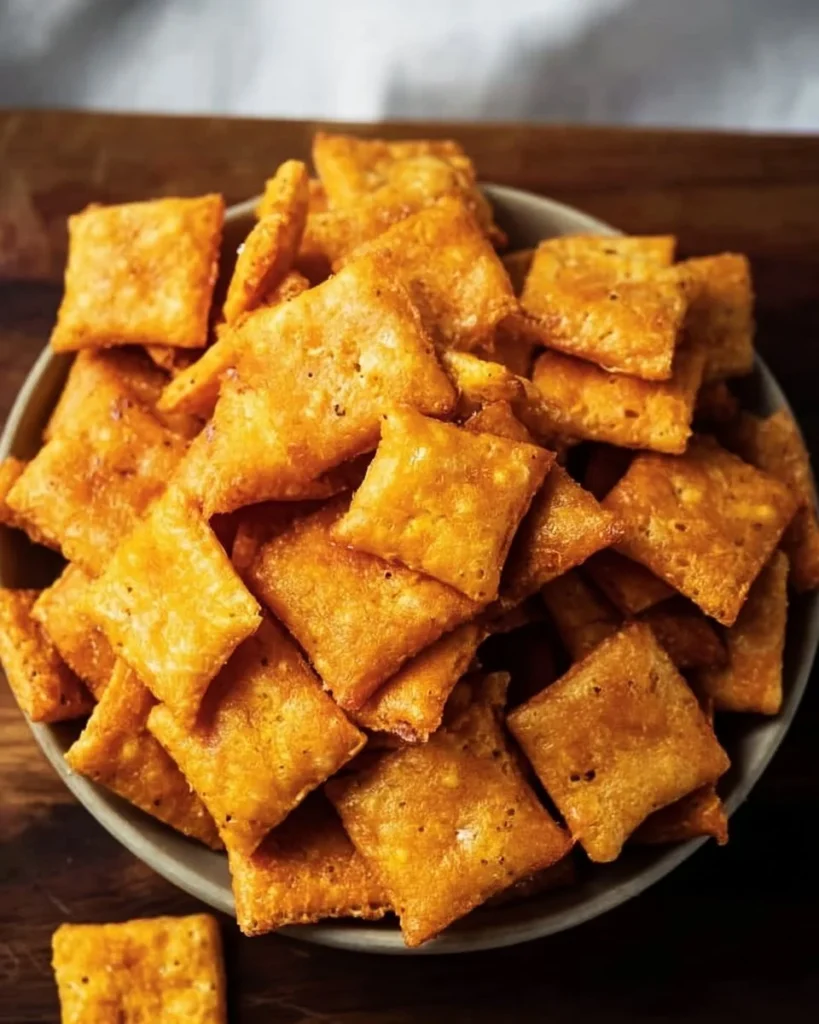 Bowl of homemade Cheez Its snack, perfect for parties and gatherings