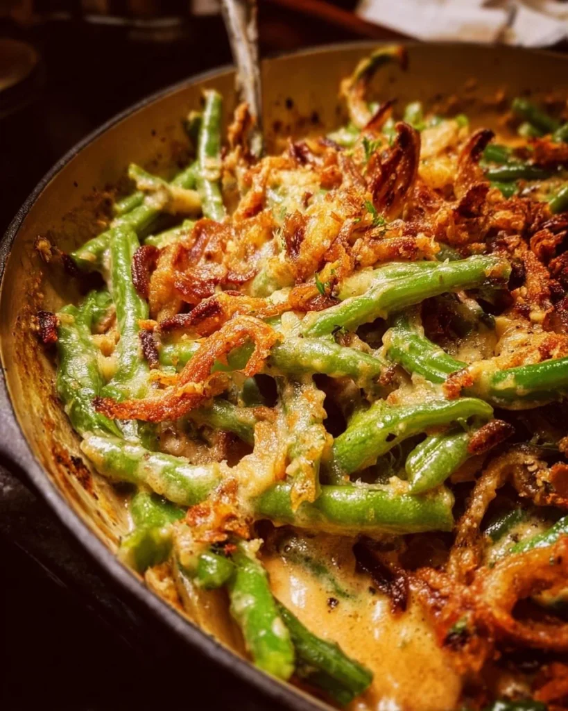 Delicious homemade green bean casserole topped with crispy onions