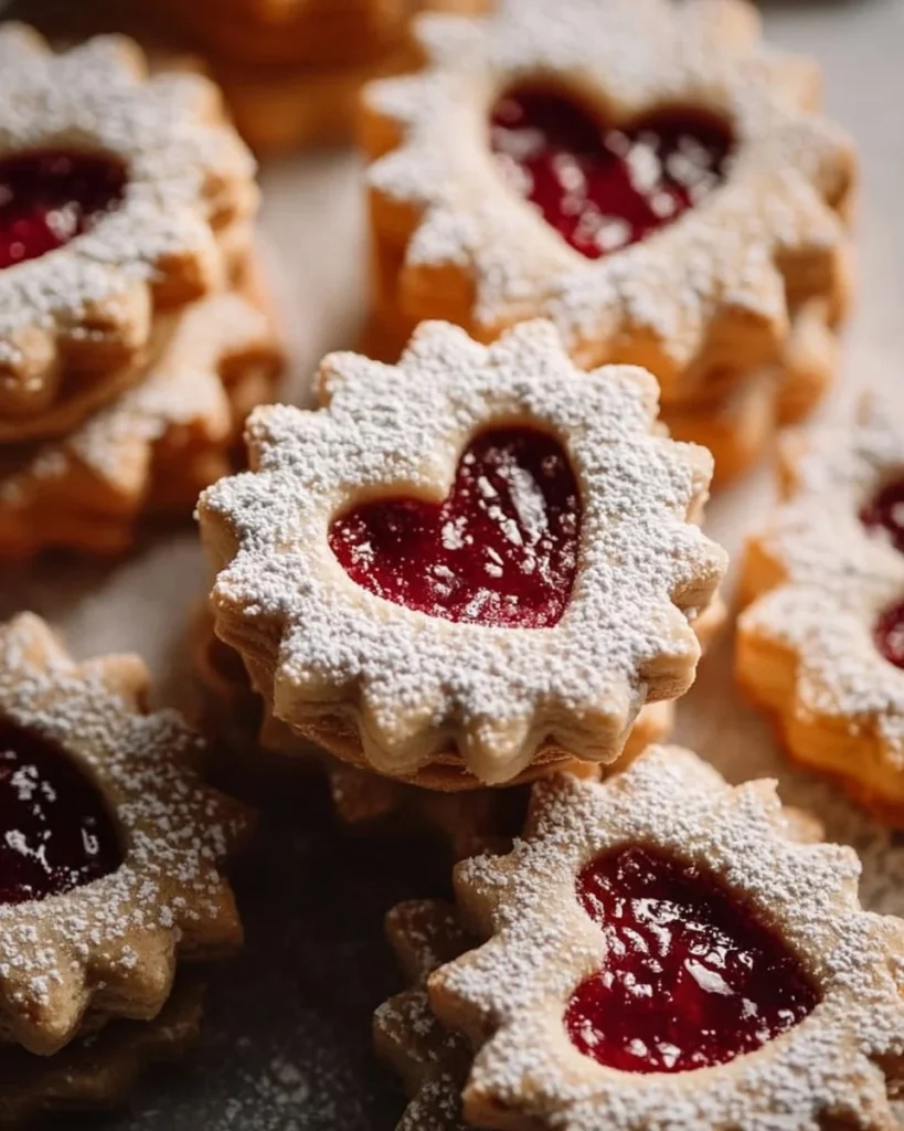 Homemade Linzer cookies with jam filling and powdered sugar on a plate