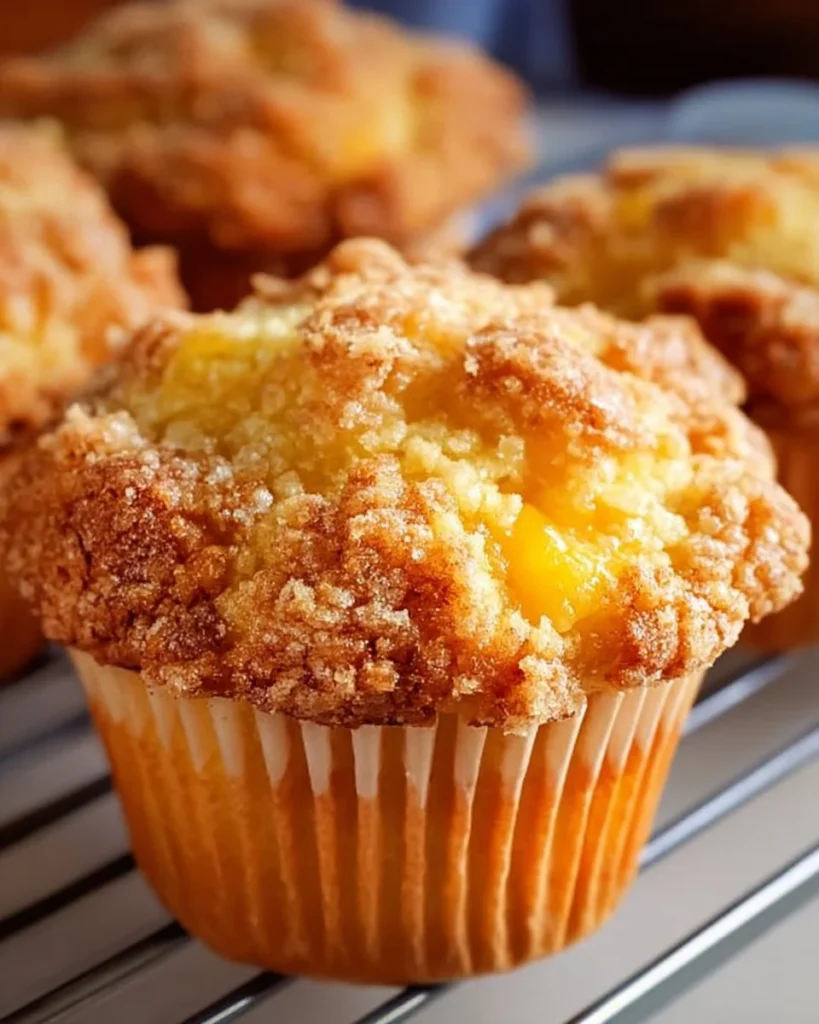 Freshly baked homemade peach cobbler muffins on a wooden table