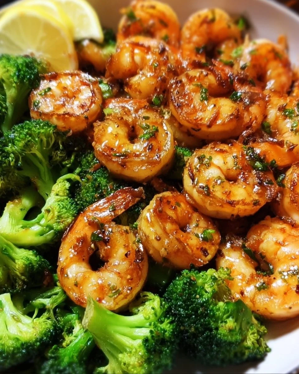Honey Garlic Butter Shrimp served with fresh broccoli on a plate