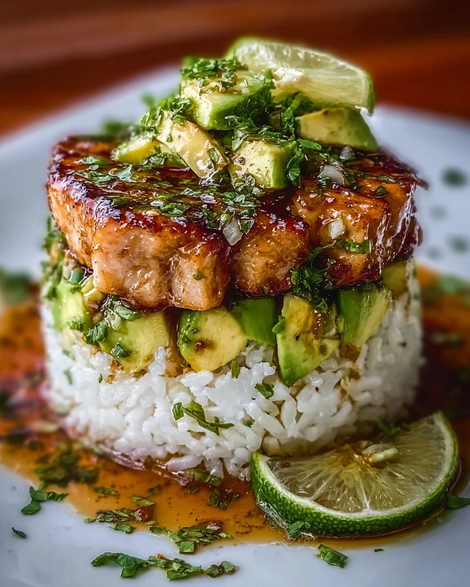Honey Lime Chicken served with Avocado Rice Stack on a plate