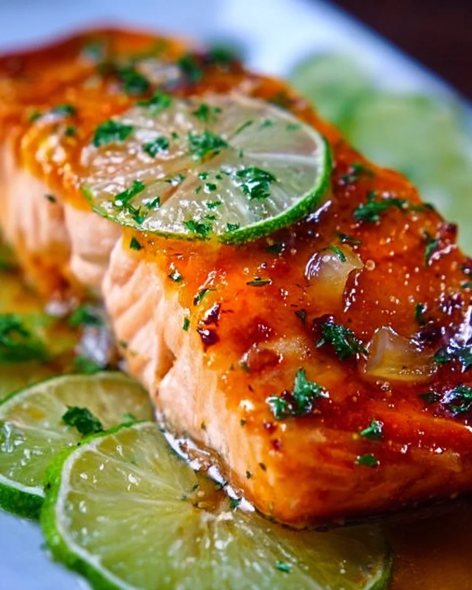 Honey lime salmon garnished with lime slices and fresh herbs