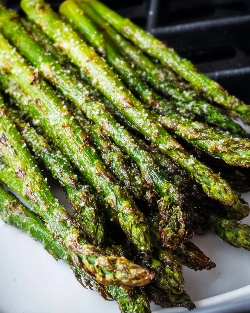 Crispy air fryer roasted asparagus on a plate
