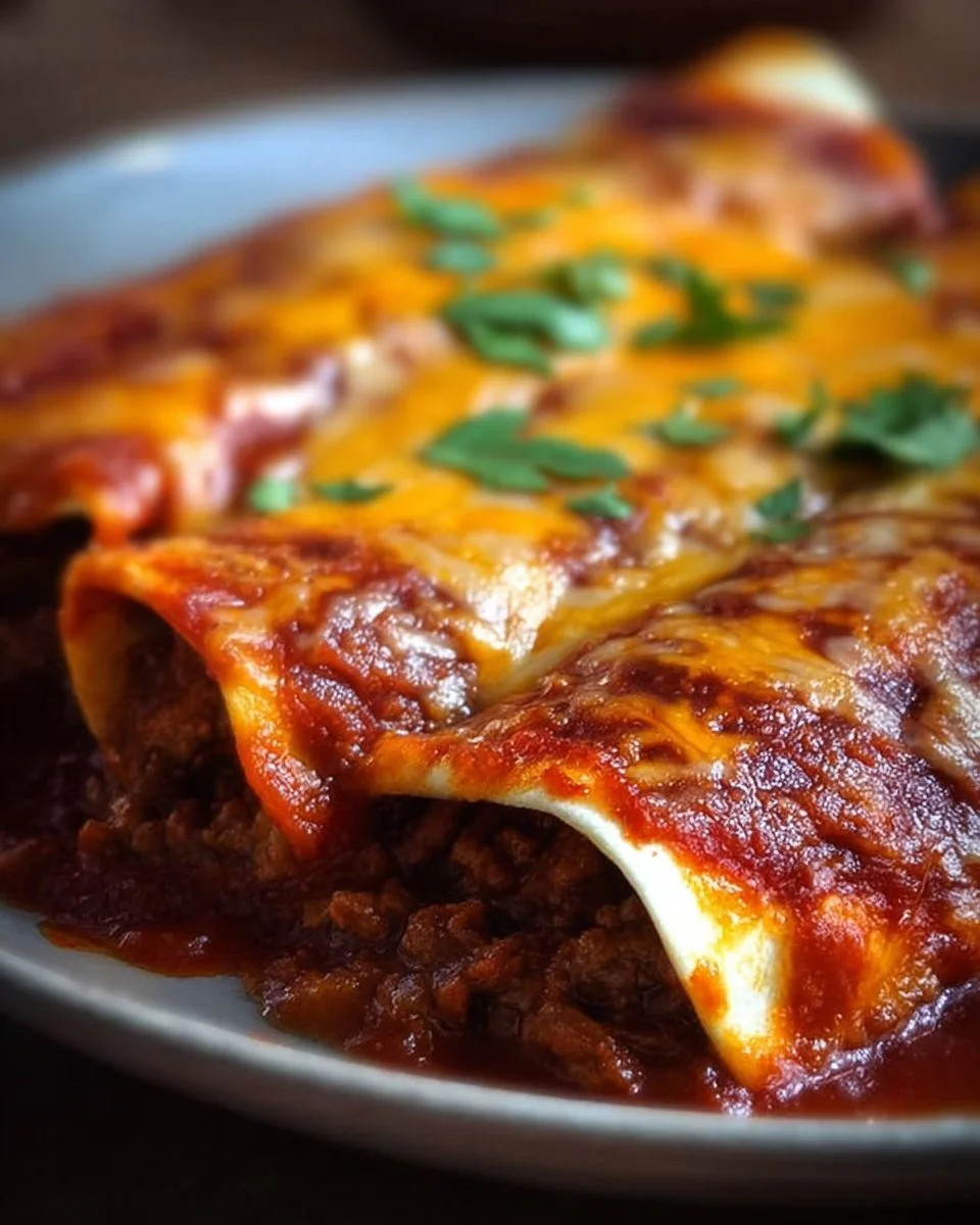 Plate of delicious beef enchiladas topped with red sauce and cheese