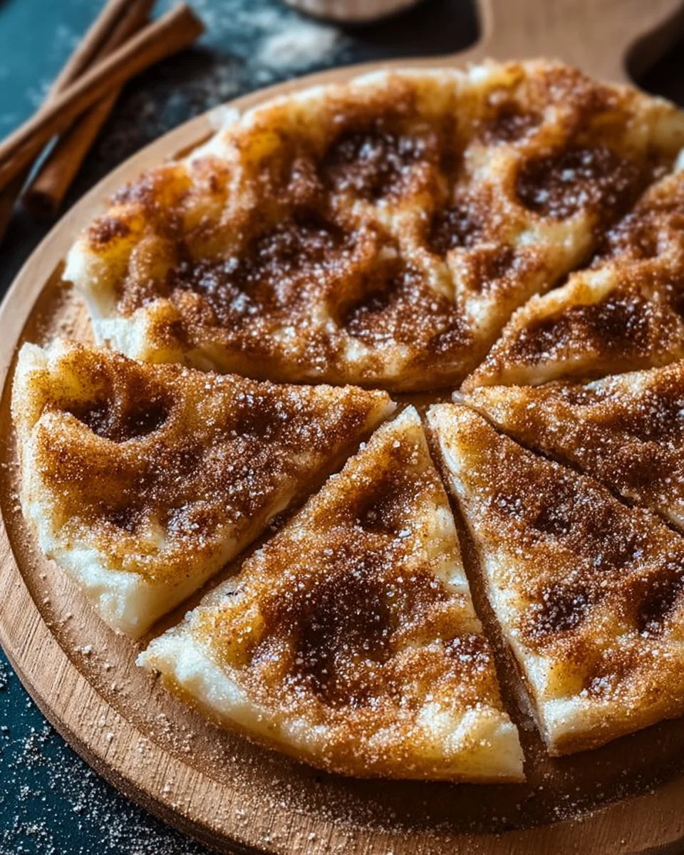 Slice of irresistible cinnamon-sugar dessert pizza topped with a drizzle of icing.
