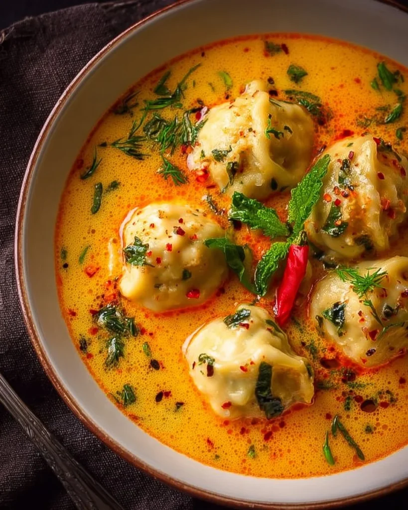 Bowl of creamy Coconut Curry Soup with delicious dumplings.