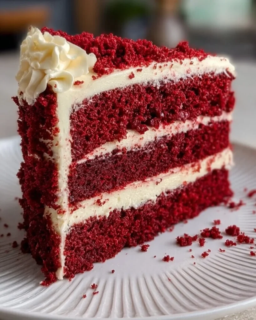 Decadent red velvet cake with cream cheese frosting and decorative sprinkles