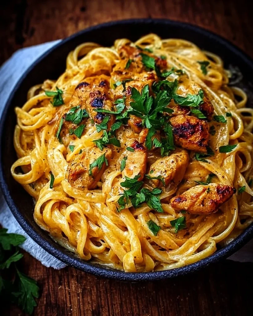 Delicious cowboy butter chicken linguine topped with herbs and spices