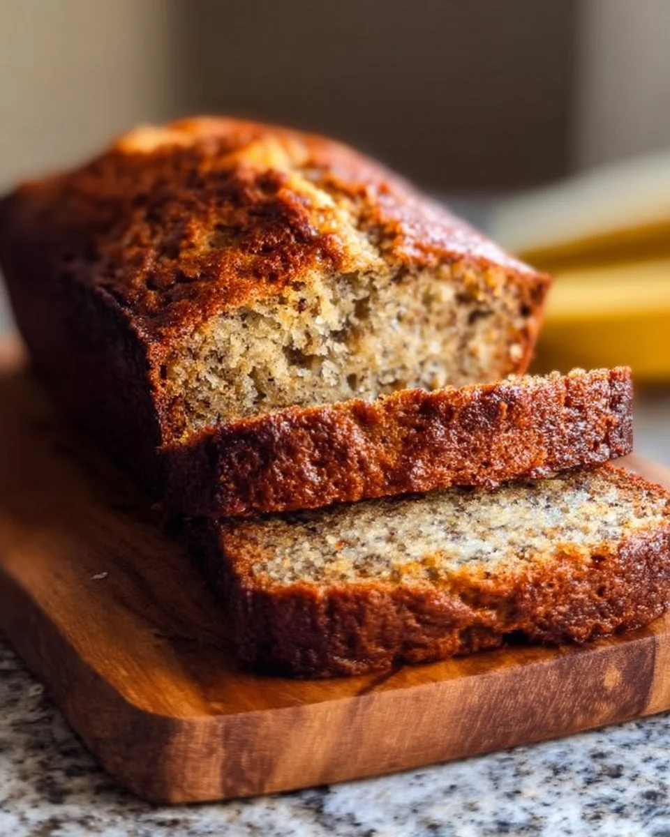 Irresistibly moist almond flour banana bread slice on a wooden board