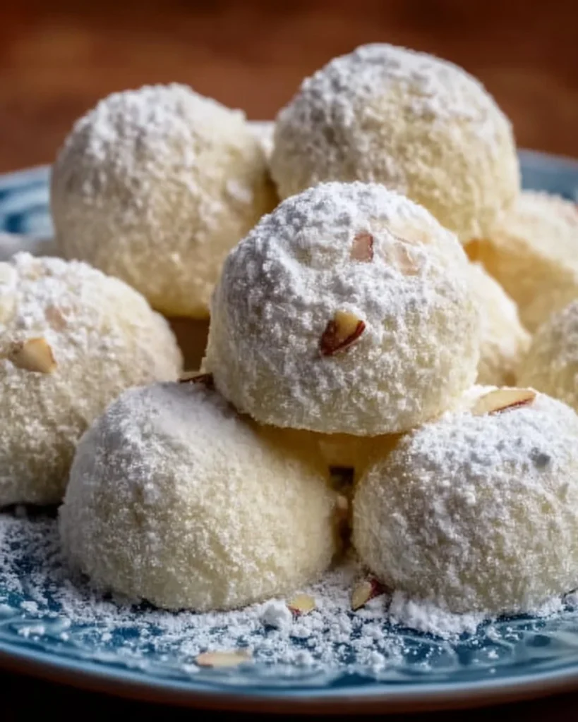 Italian Almond Snowball Cookies dusted with powdered sugar on a decorative plate.