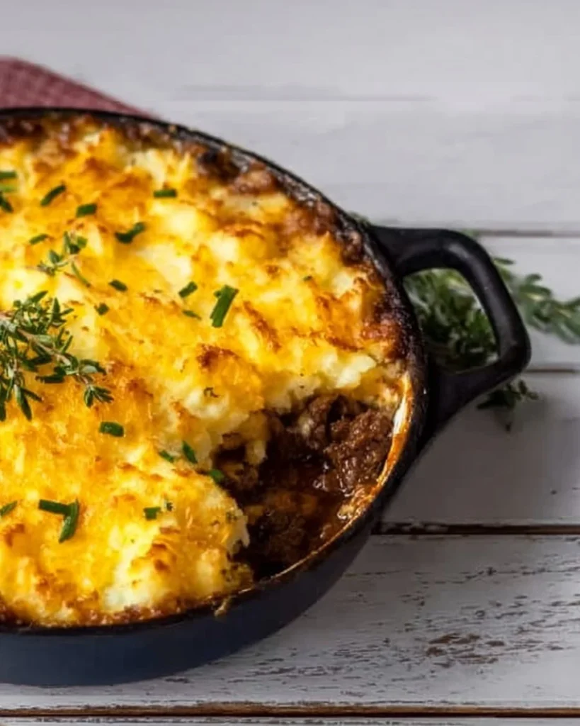 Delicious leftover roast beef Shepherd's Pie topped with golden mashed potatoes
