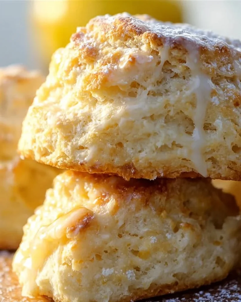 Freshly baked lemon buttermilk scones on a plate, topped with lemon zest.