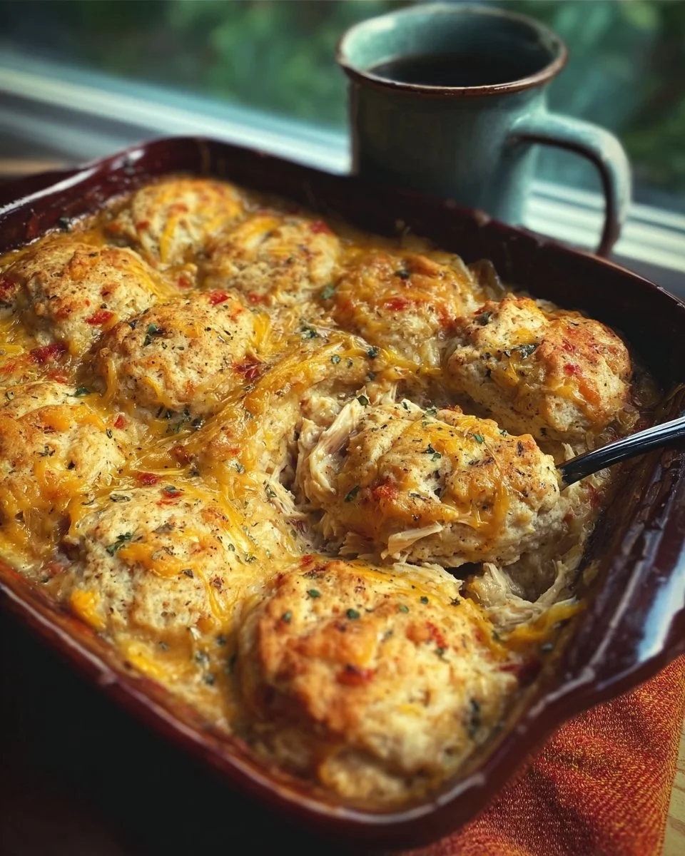 Loaded Chicken and Biscuit Bake with chicken, cheese, and flaky biscuits