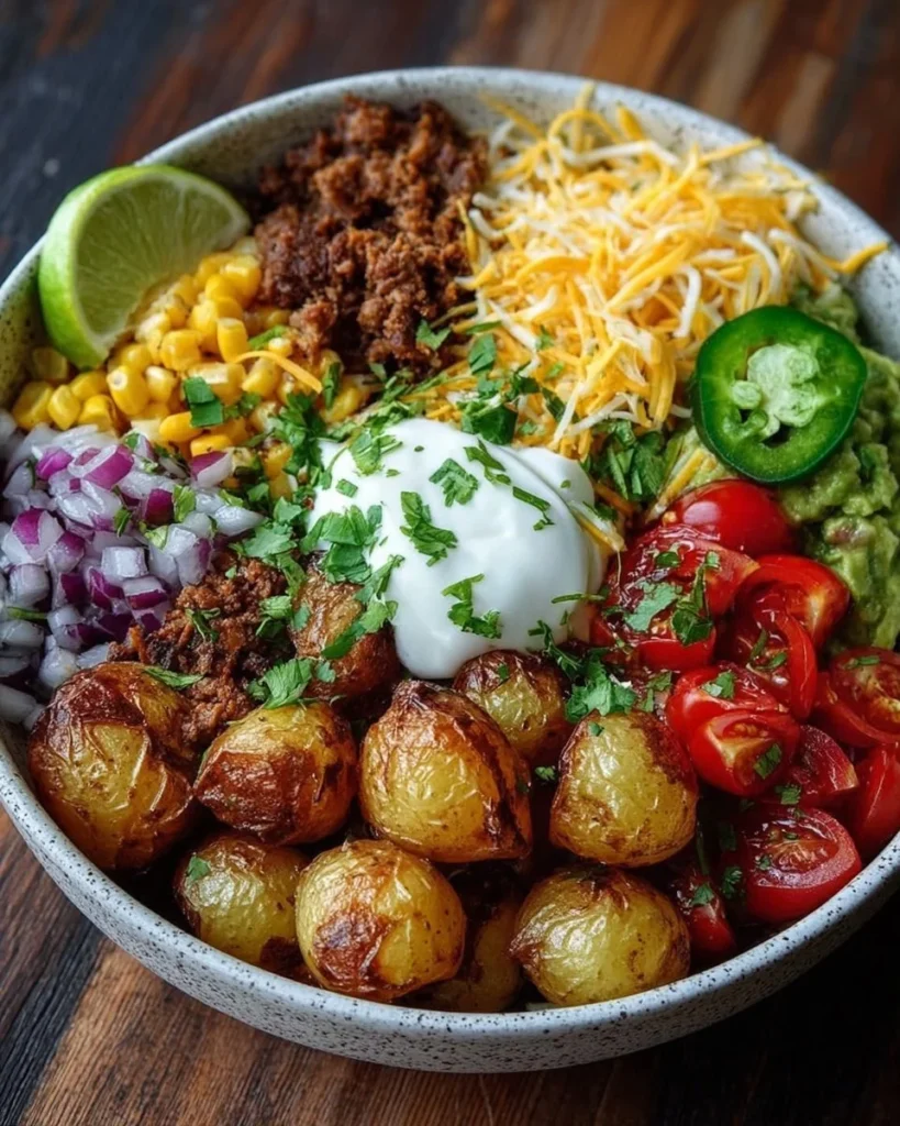 Delicious loaded potato taco bowl topped with fresh ingredients