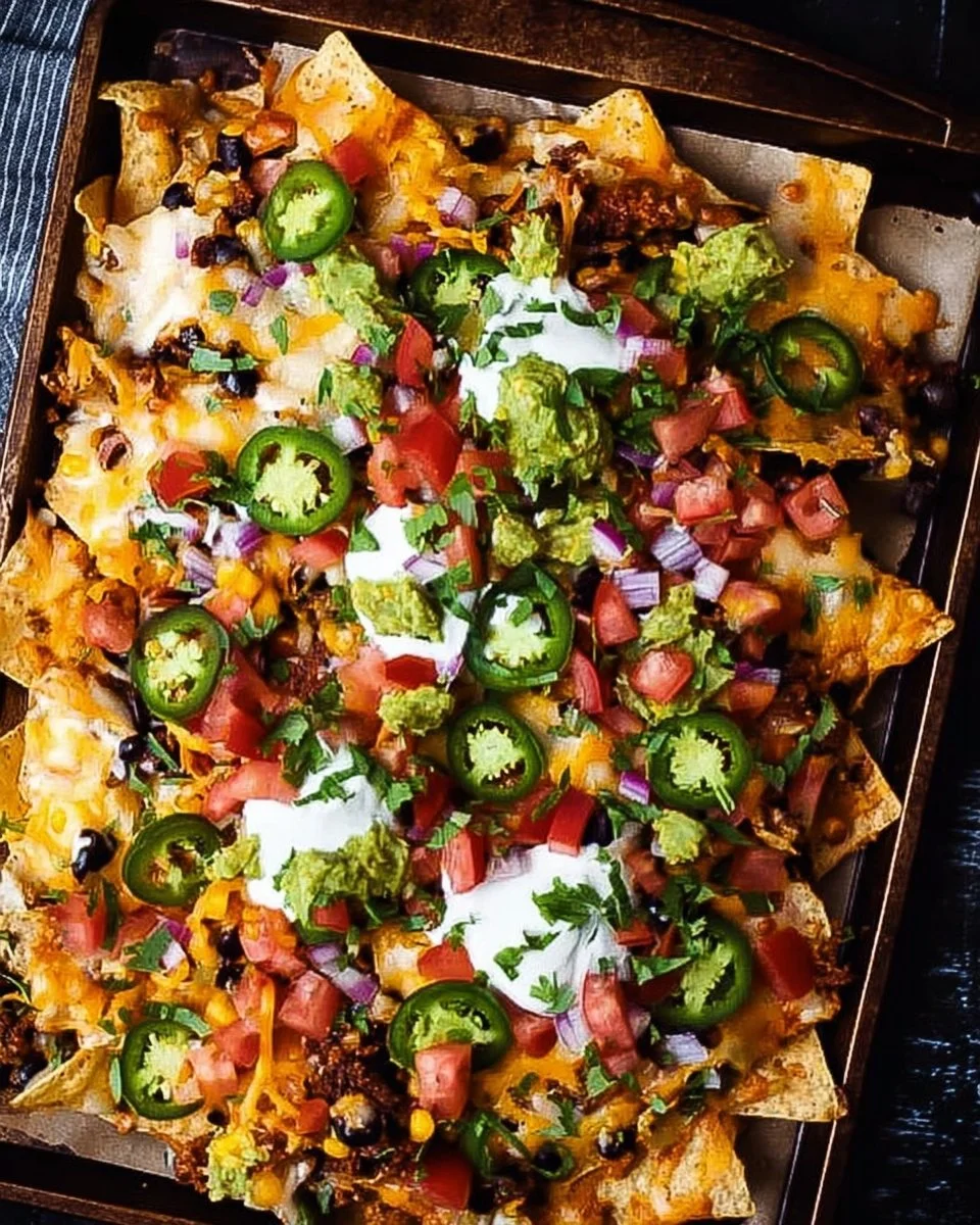 A delicious spread of loaded sheet pan nachos topped with cheese and toppings.