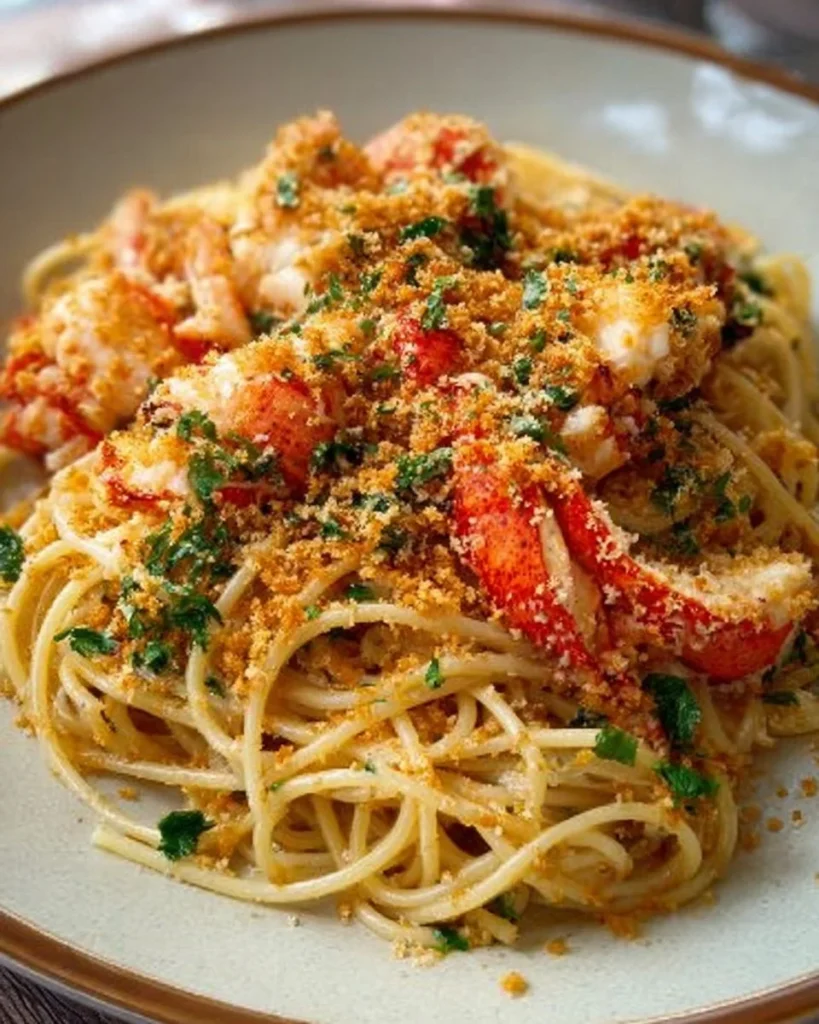 Delicious Lobster Spaghetti topped with Chili Breadcrumbs served on a plate
