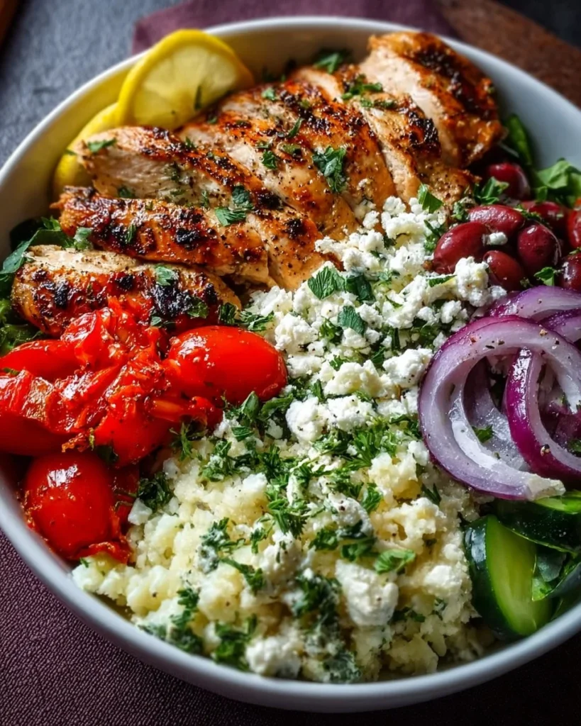 Low-carb Greek chicken bowls topped with fresh vegetables and herbs