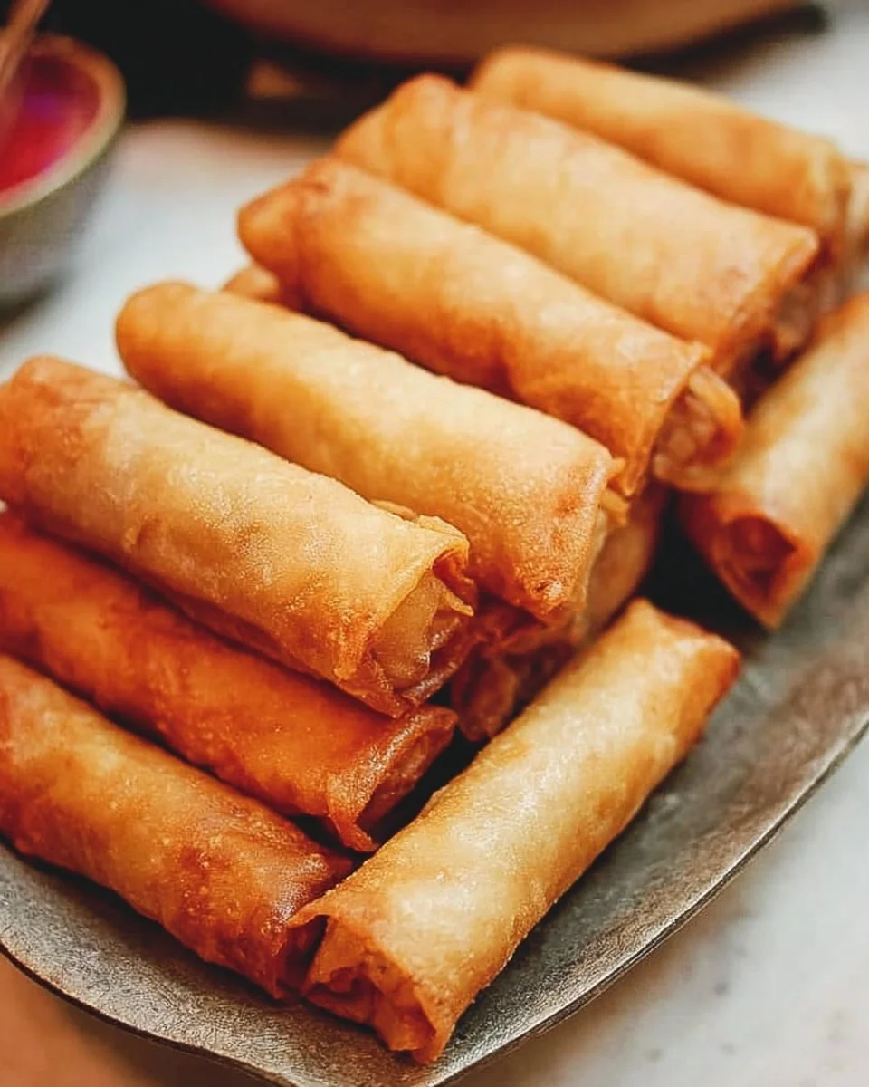 Delicious lumpia, traditional Filipino spring rolls filled with meat and vegetables