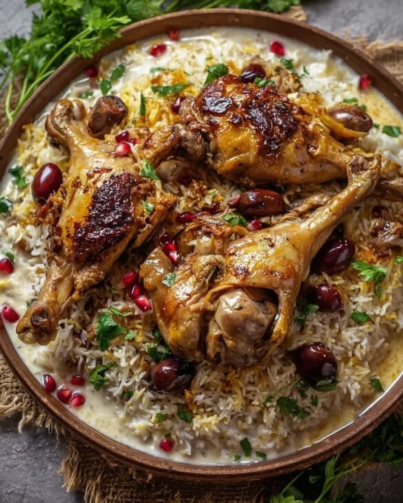 A traditional Mansaf dish featuring rice, lamb, and yogurt sauce presented beautifully.