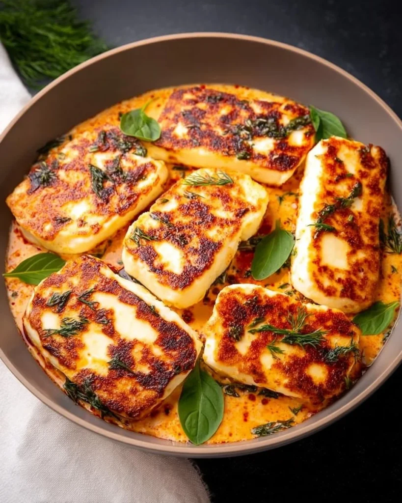 Delicious Marry Me Halloumi dish garnished with fresh herbs.