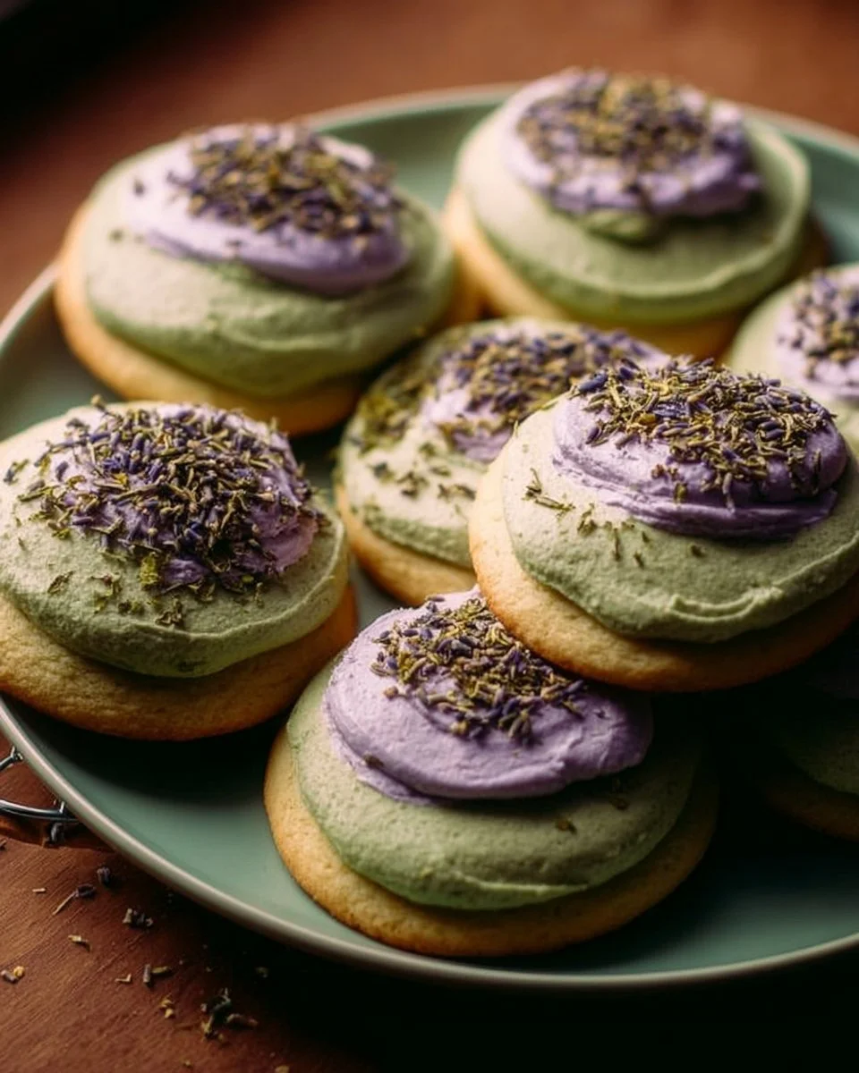Delicious Matcha Sugar Cookies topped with Lavender Frosting in a decorative presentation.