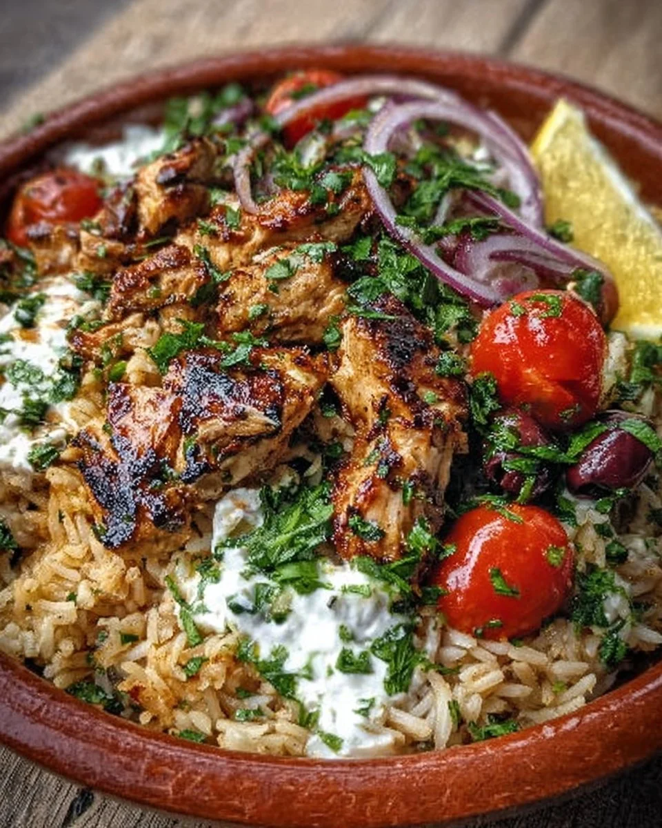 Mediterranean Chicken and Rice Bowl with colorful vegetables and herbs