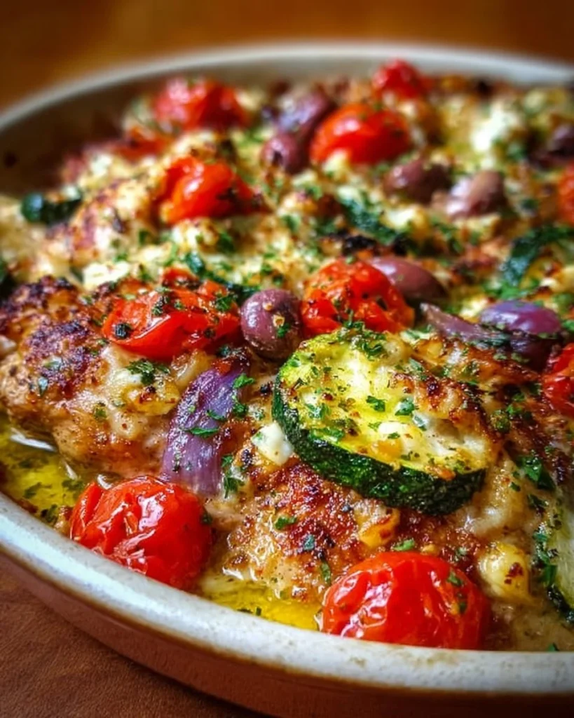 Mediterranean Chicken Zucchini Bake topped with herbs and spices