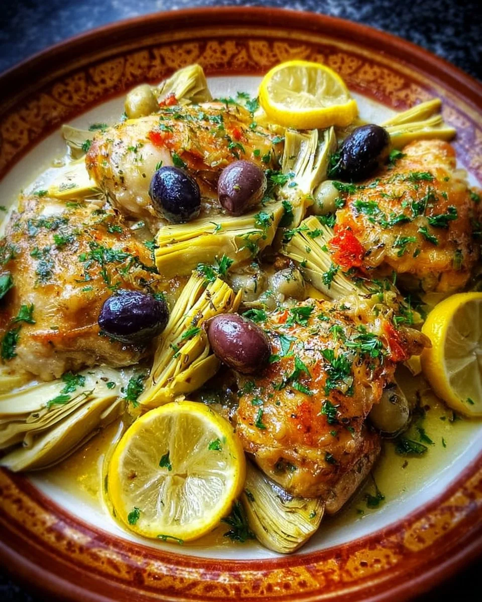 Mediterranean Lemon Chicken with artichokes and olives served on a plate
