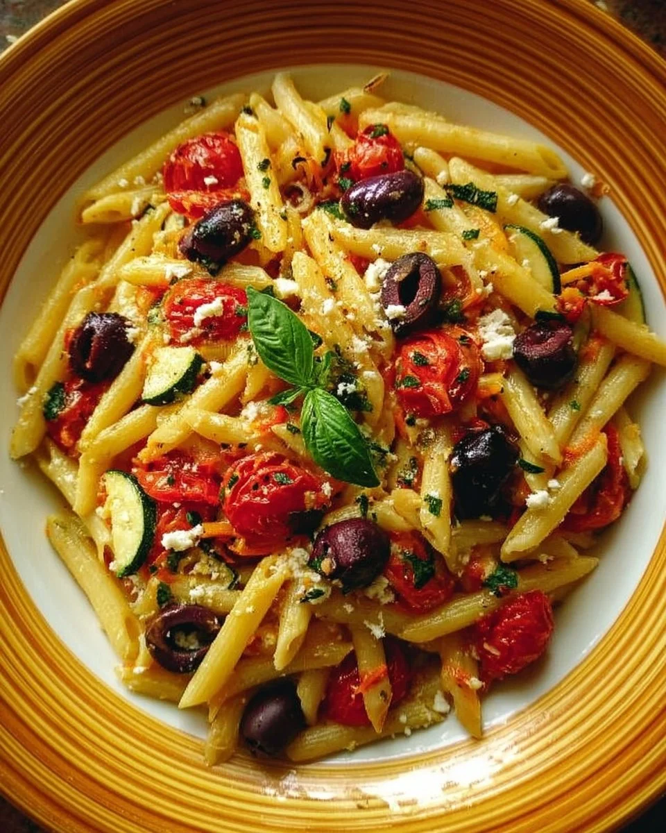 A bowl of Mediterranean One Pot Pasta with colorful vegetables and herbs