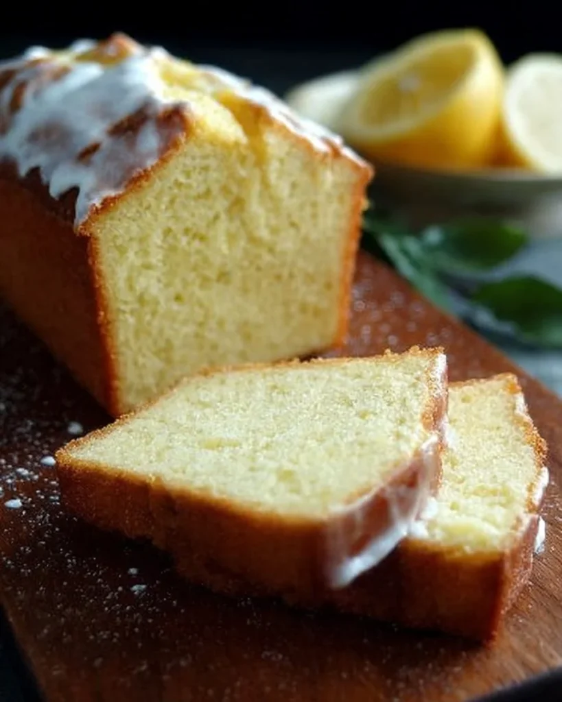 A slice of homemade Meyer lemon pound cake on a white plate with fresh lemons.