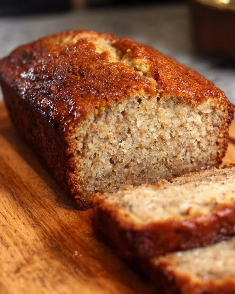 A slice of moist banana bread on a wooden cutting board.
