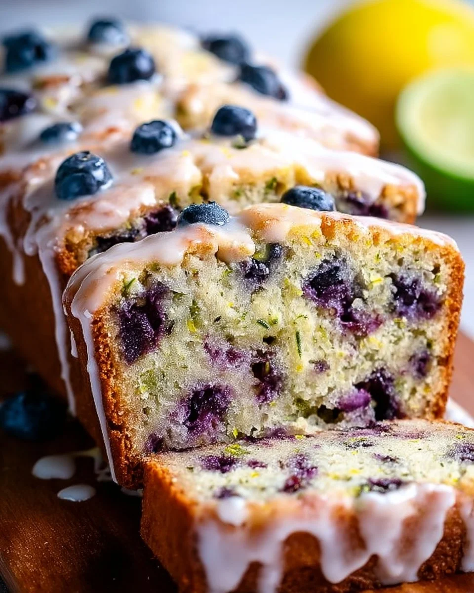 Moist blueberry zucchini bread with lemon glaze on a wooden table.