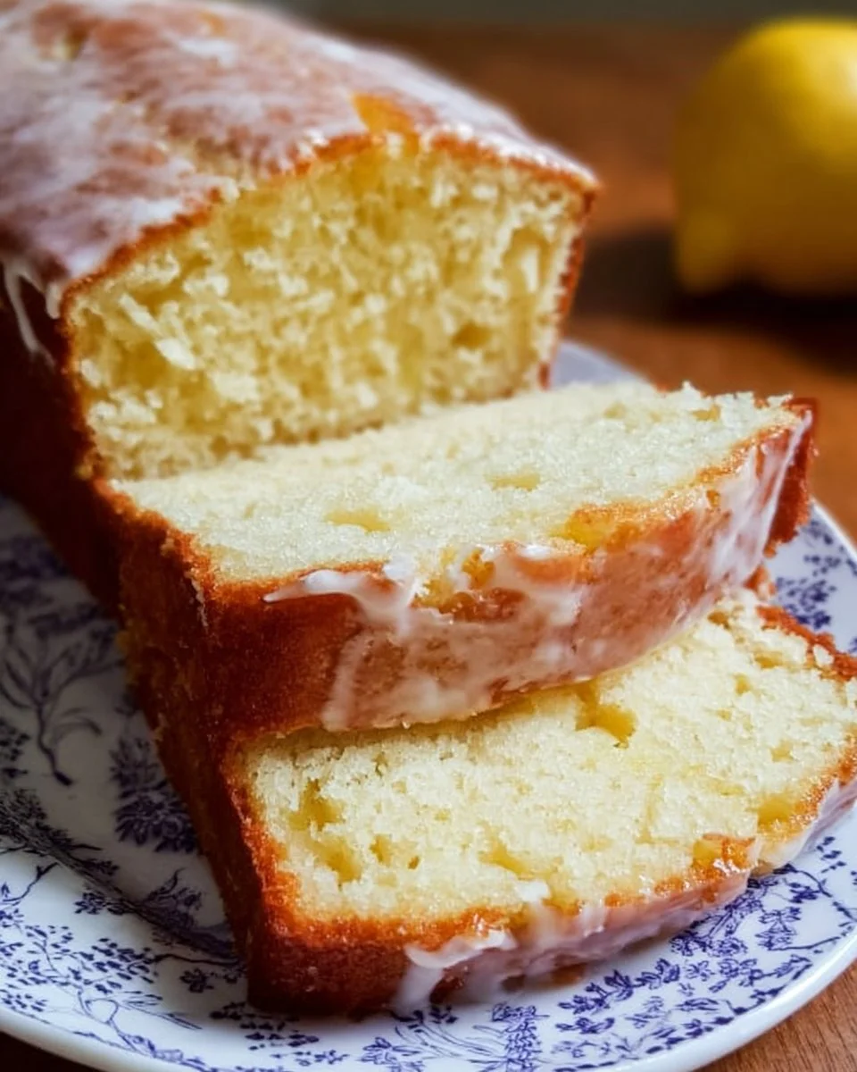 Moist lemon pound cake sliced and served on a plate with lemon slices