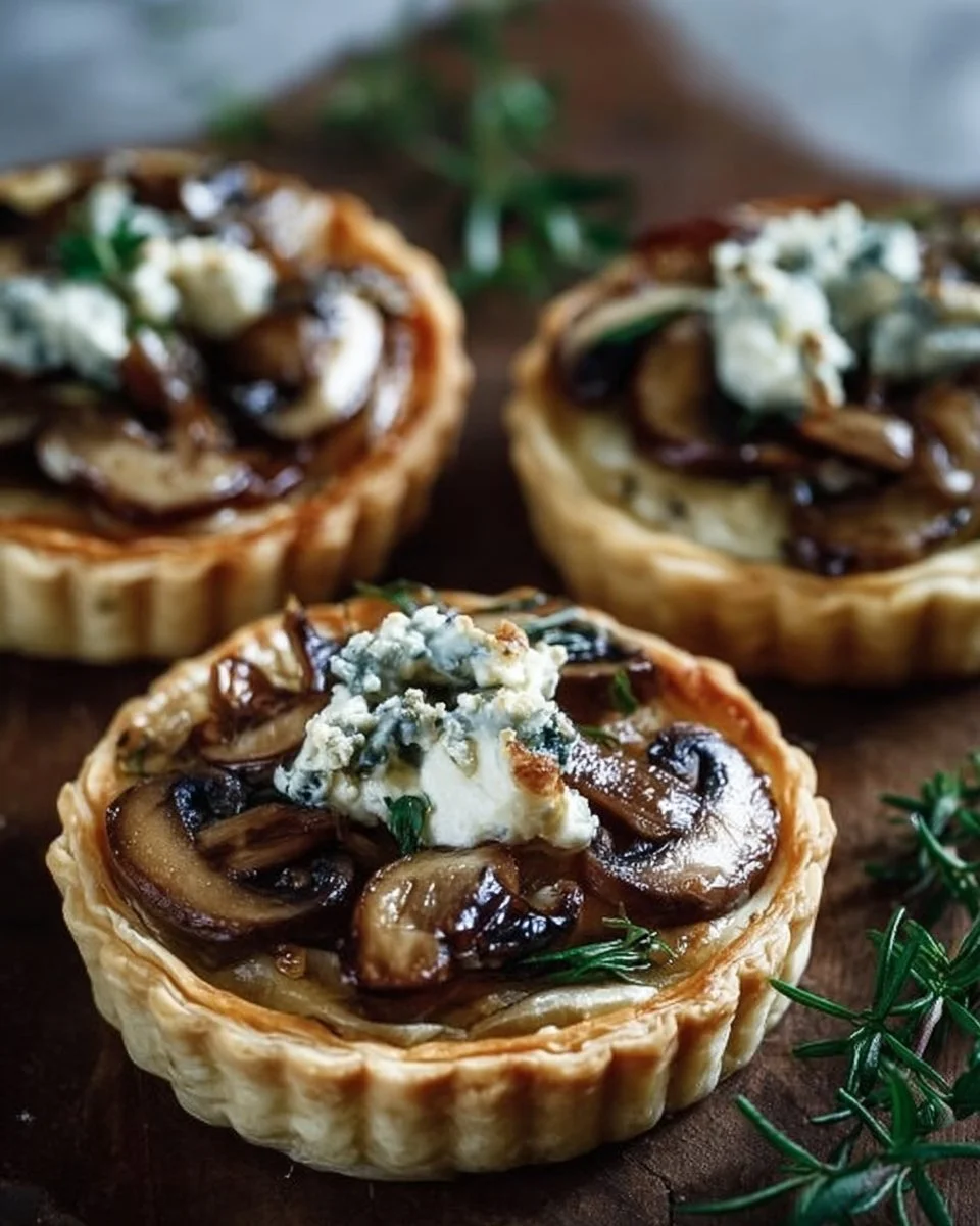 Mushroom tarts with shallots and herbed goat cheese on a serving platter.