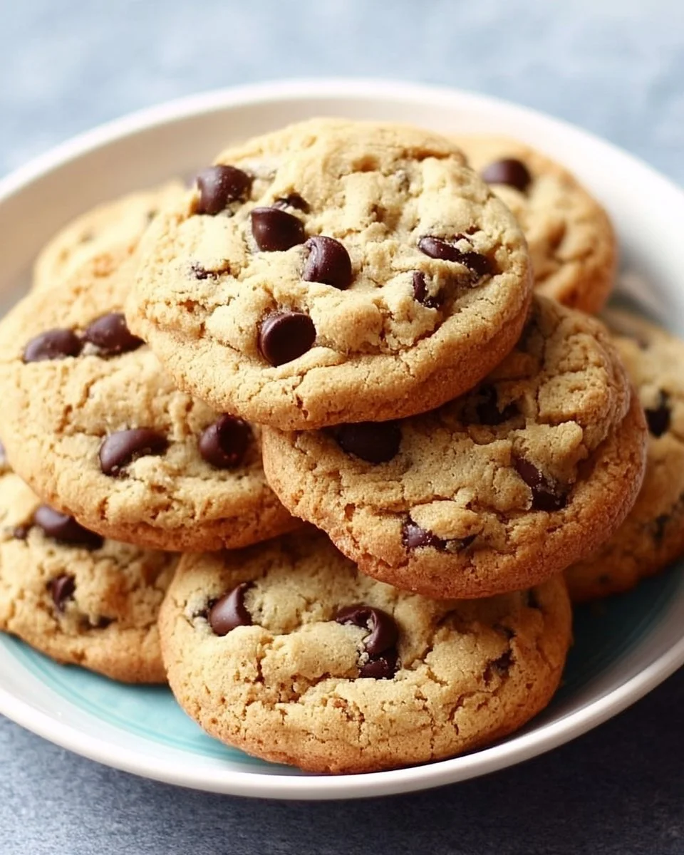 Delicious big, fat, chewy chocolate chip cookies ready to be enjoyed