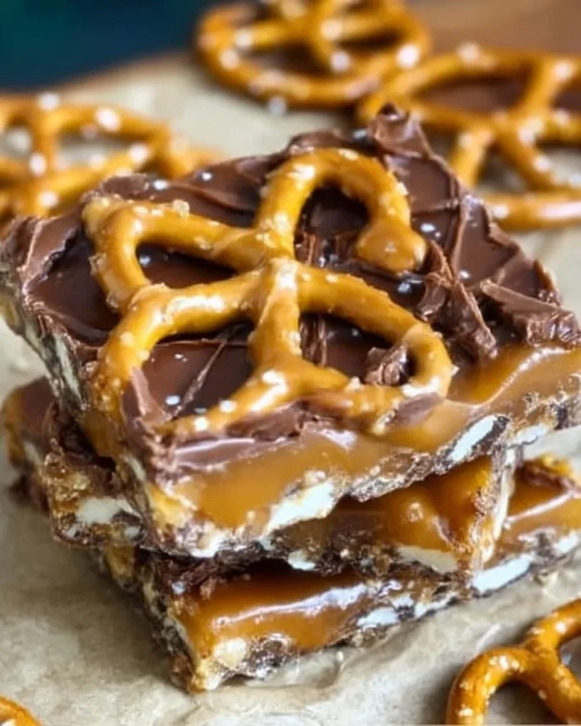 Delicious no bake caramel pretzel crack bars topped with chocolate and caramel